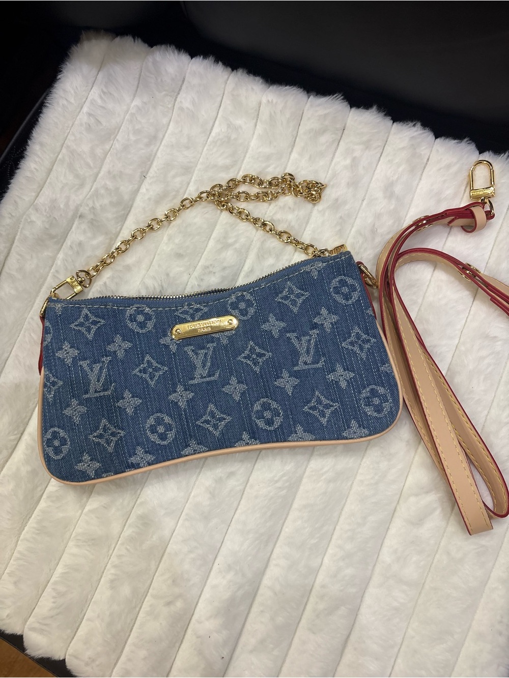 & Other Stories Blue Denim Monogram Wristlet with Gold Chain